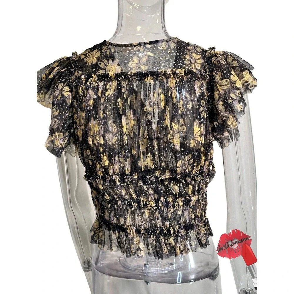 Free People Making Me Smile Top Small Black Floral Pleated‎ Mesh Cropped V Neck